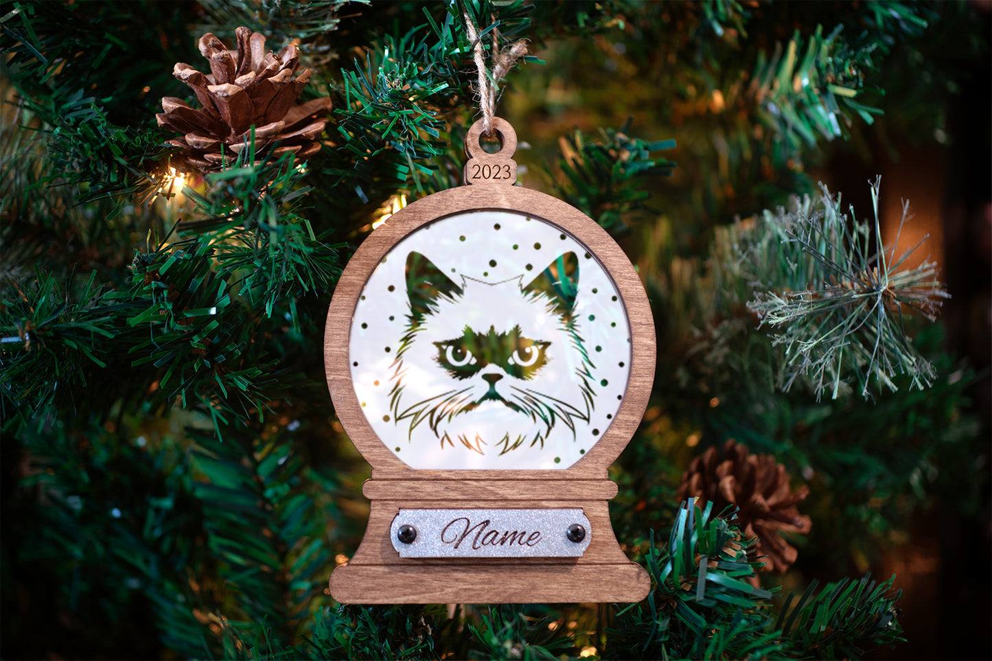 Personalized Acrylic and Wood Cat Snowglobe Ornaments