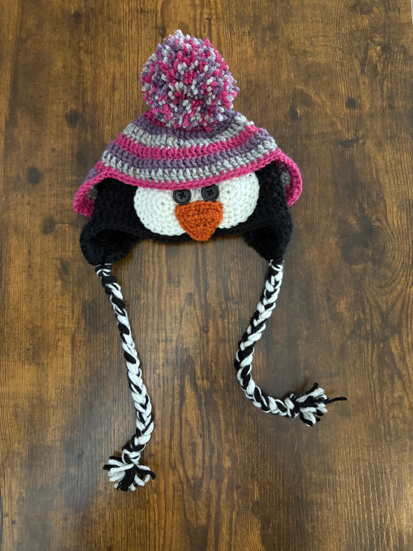 In-Stock 6-12 Month Penguin Hat in Dusty Purple, Raspberry and Grey Marble