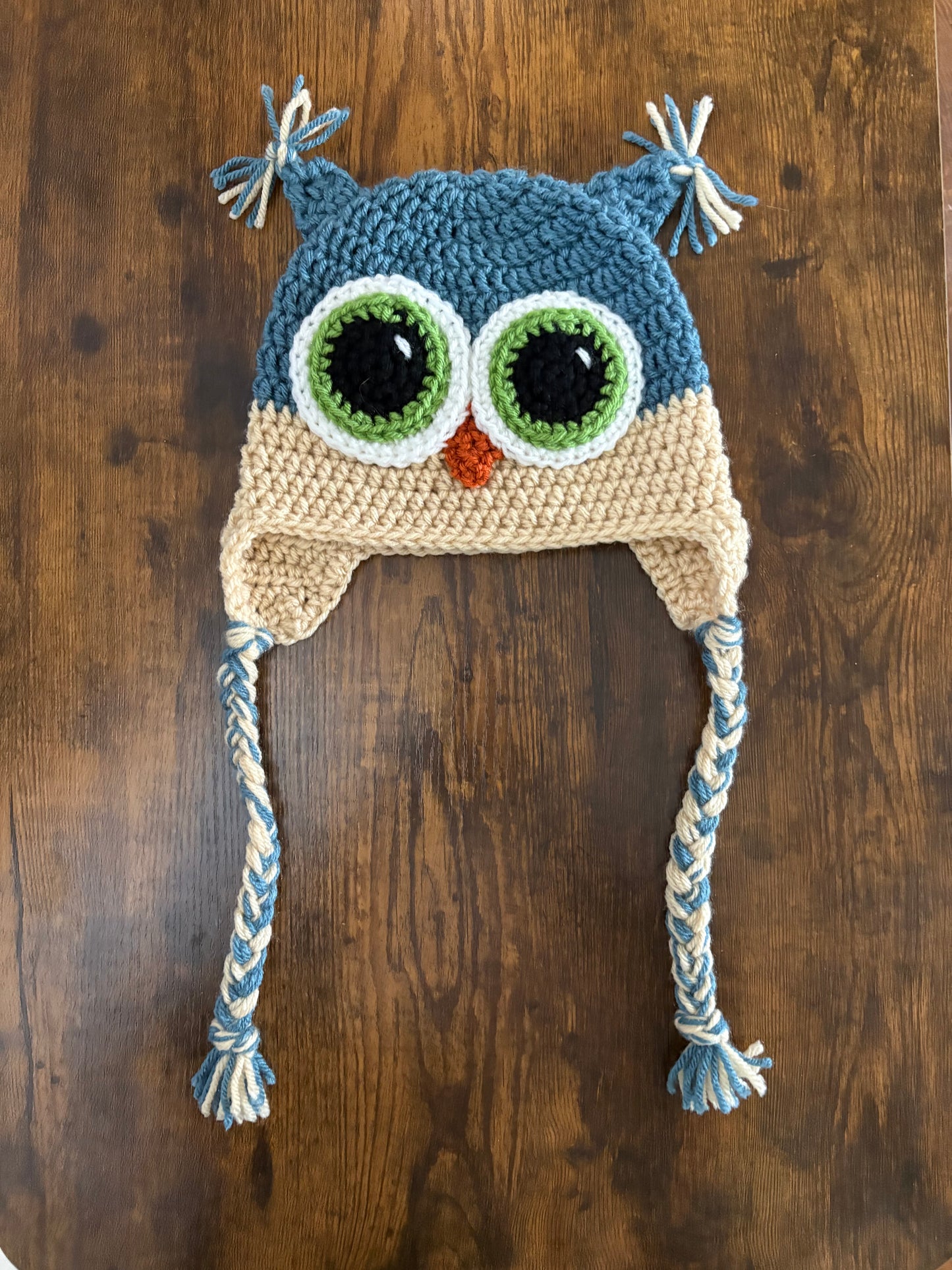 In-Stock 3-10 Year Owl in Dusty Blue with Beige and Fern Eyes
