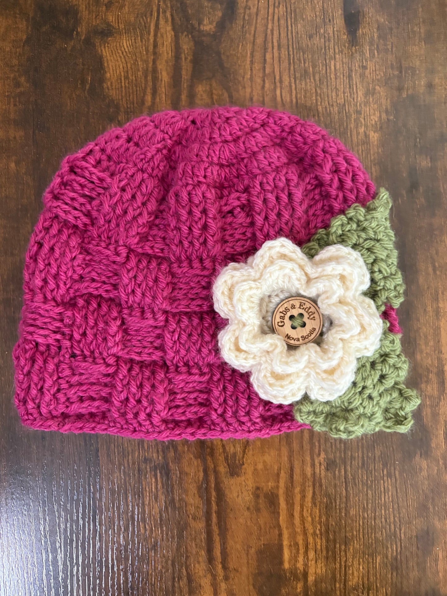 Raspberry Waffle Beanie with 3 Interchangeable Flowers