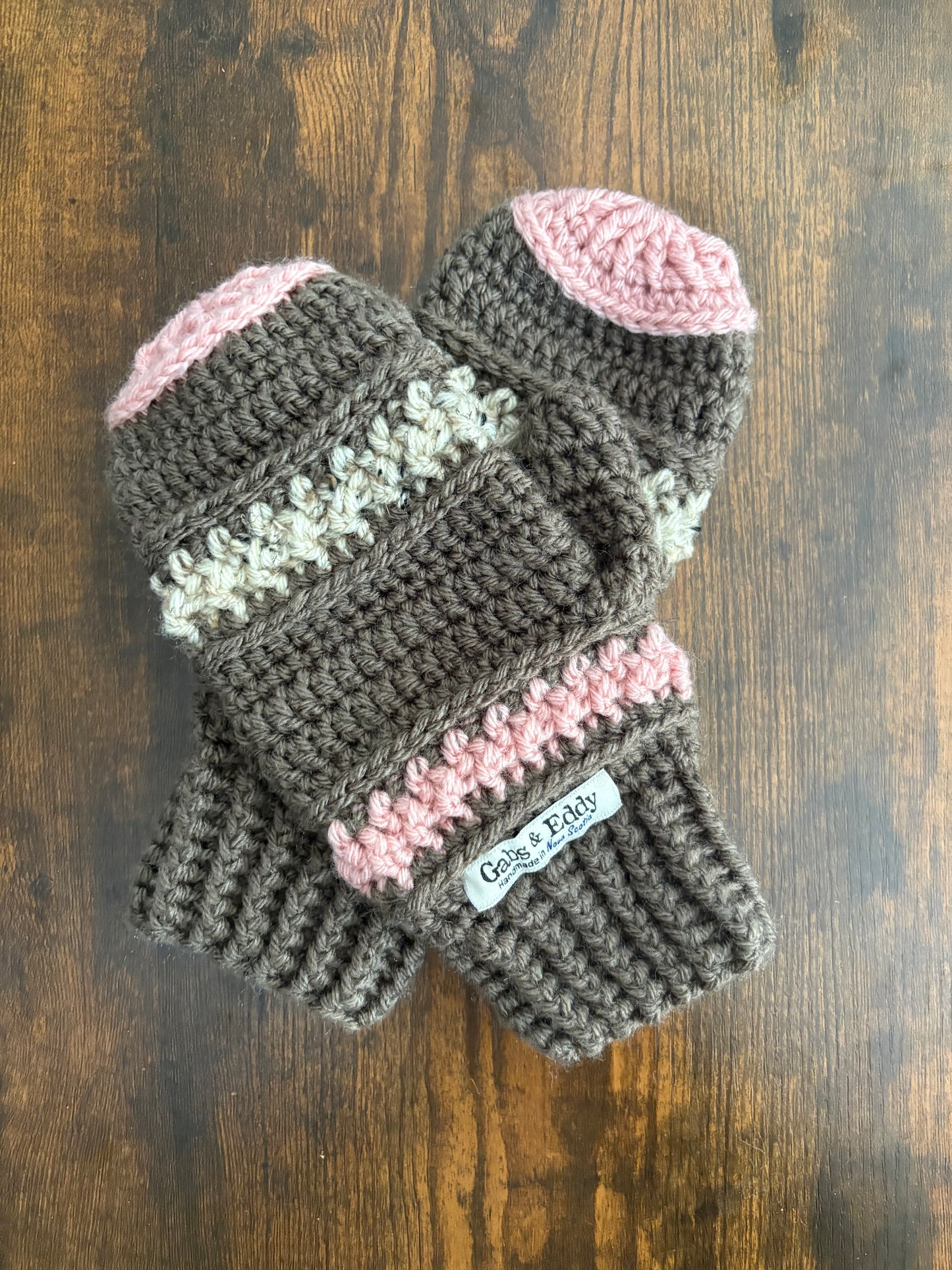 Handmade Crocheted Mittens in Taupe with Oatmeal & Pink Accents