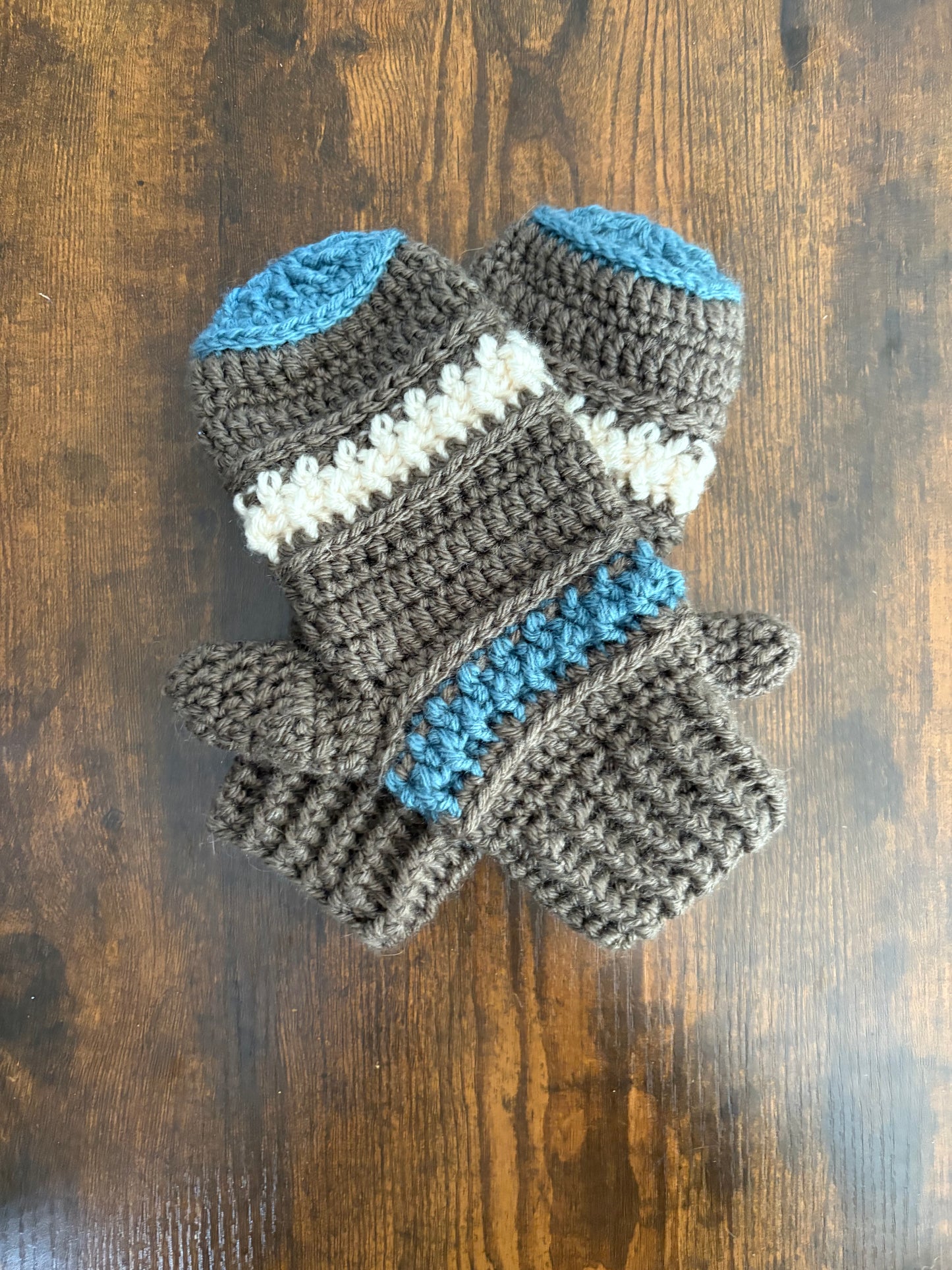 Handmade Crocheted Mittens in Taupe with Beige & Dusty Blue Accents