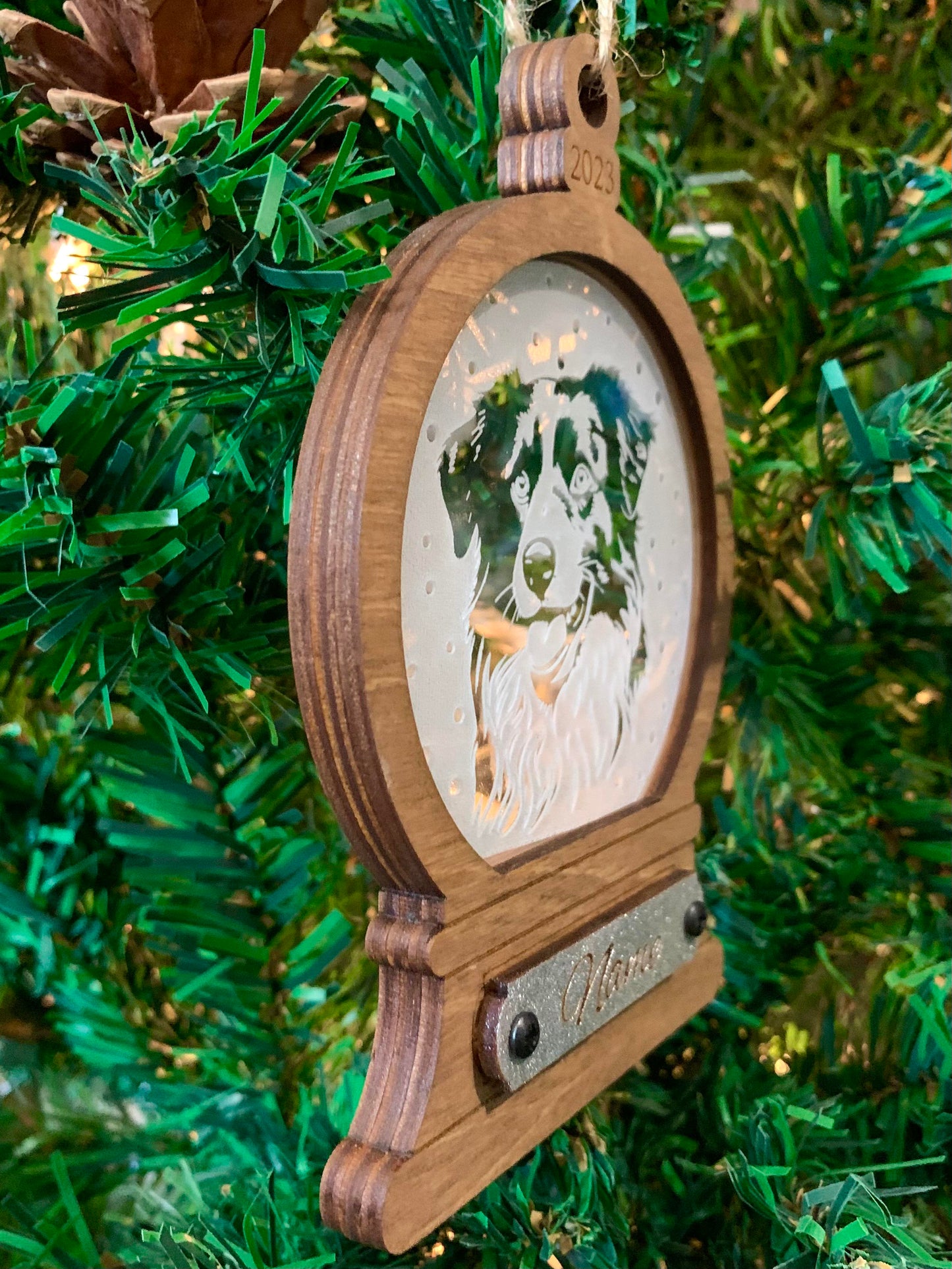 Personalized Acrylic and Wood Dog Snowglobe Ornaments