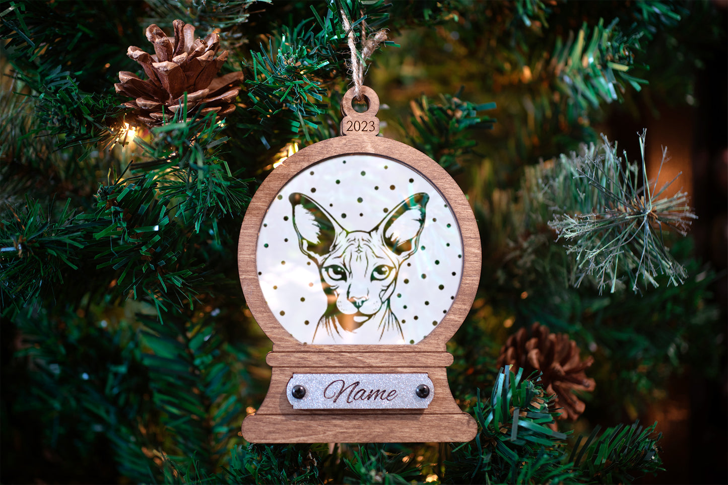 Personalized Acrylic and Wood Cat Snowglobe Ornaments