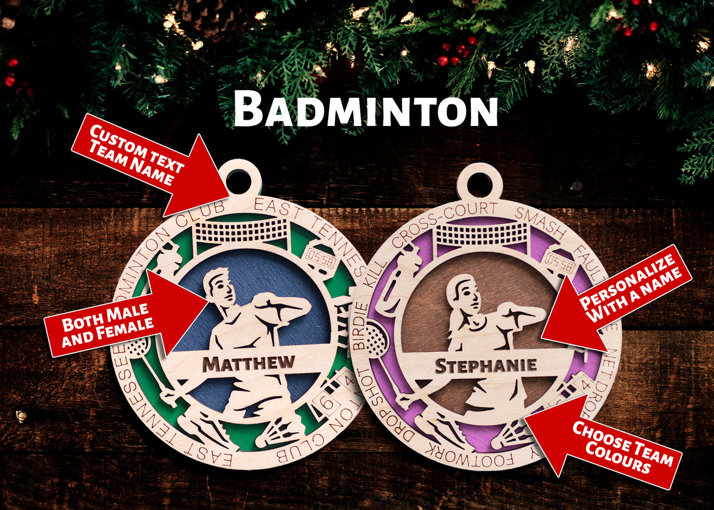 Sports Ornament - Badminton - Personalized with Club, Colours, Name