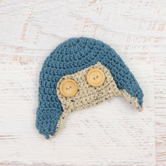 In-Stock 0-6 Month Aviator Hat in Dusty Blue with Oatmeal