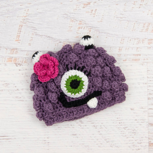 In-Stock 0-6 Month Little Monster in Dusty Purple with Kelly Green Eye and Raspberry Flower