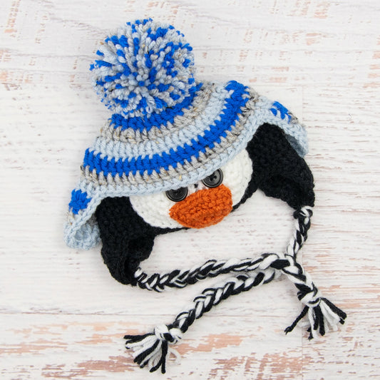 In-Stock 0-6 Month Penguin Hat in Electric Blue, Grey Marble & Silver Blue