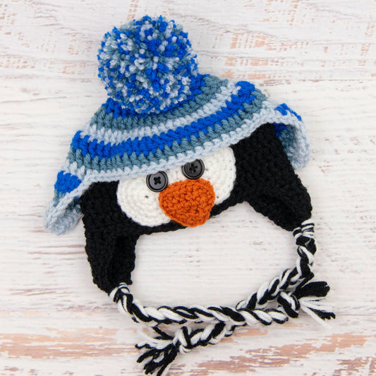 In-Stock 0-6 Month Penguin Hat in Electric Blue, Dusty Blue and Silver Blue