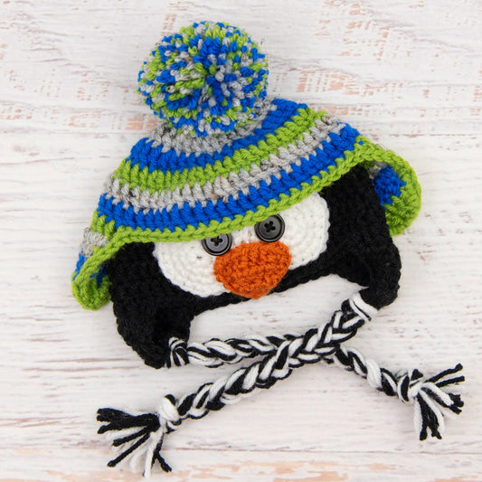 In-Stock 0-6 Month Penguin Hat in Grey Marble, Electric Blue and Fern