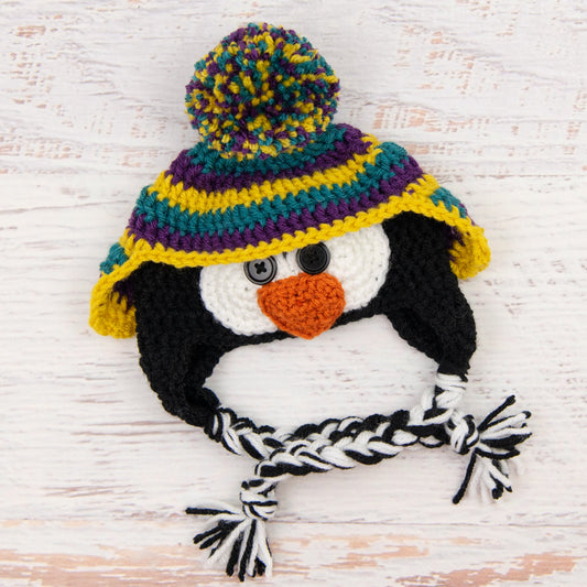 In-Stock 0-6 Month Penguin Hat in Peacock, Eggplant and Mustard