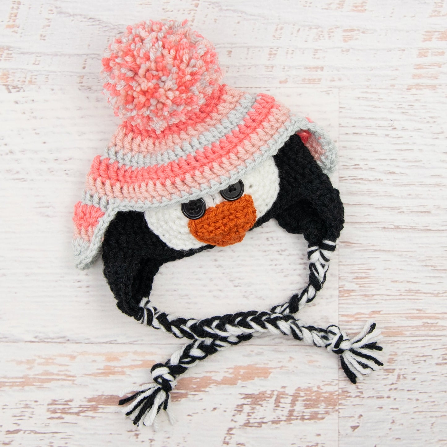 In-Stock 0-6 Month Penguin Hat in Pink Grapefruit, Pink & Linen