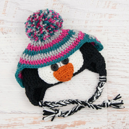 In-Stock 0-6 Month Penguin Hat in Silver Grey, Raspberry & Peacock