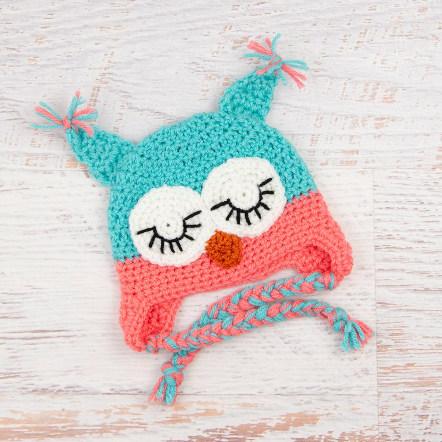 In-Stock 0-6 Month Sleepy Owl in Aquamarine & Pink Grapefruit
