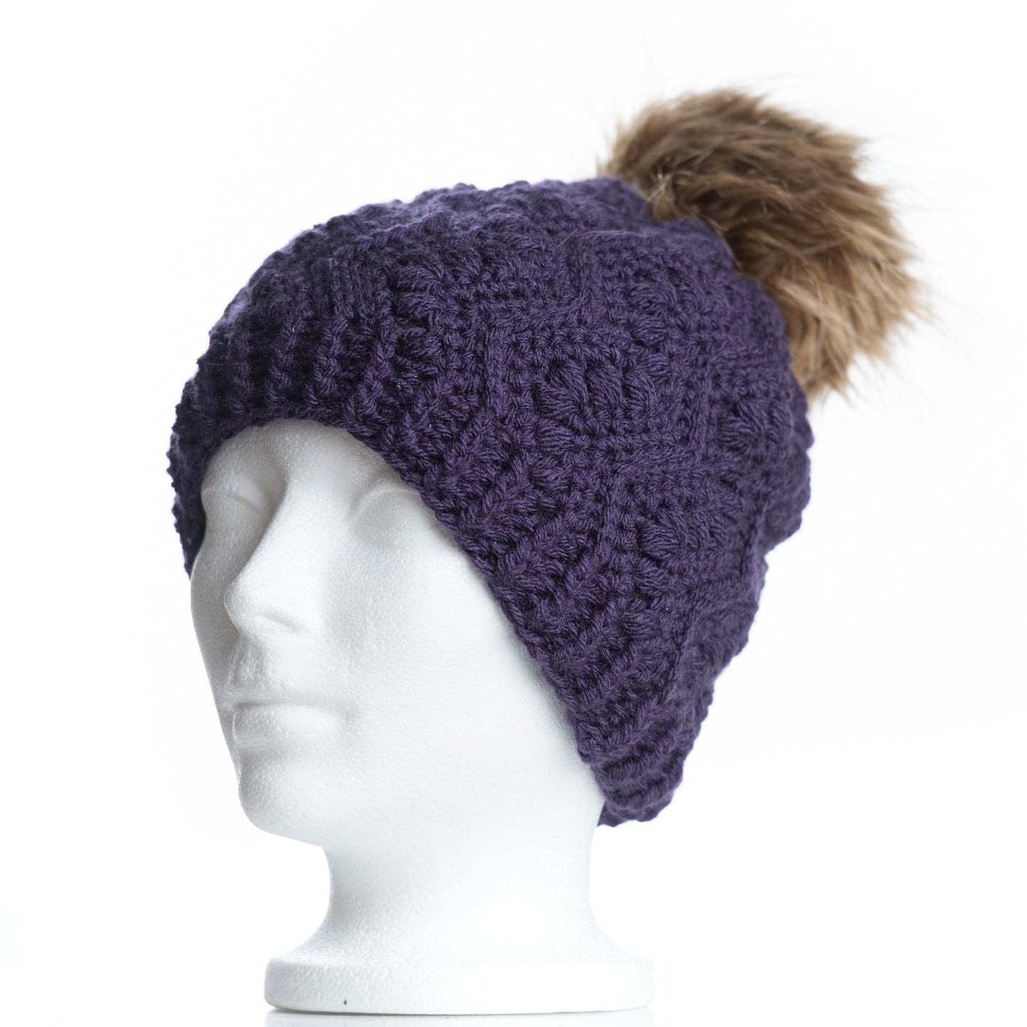 Faux Fur Pom Pom Toque in Purple with Caramel Pom