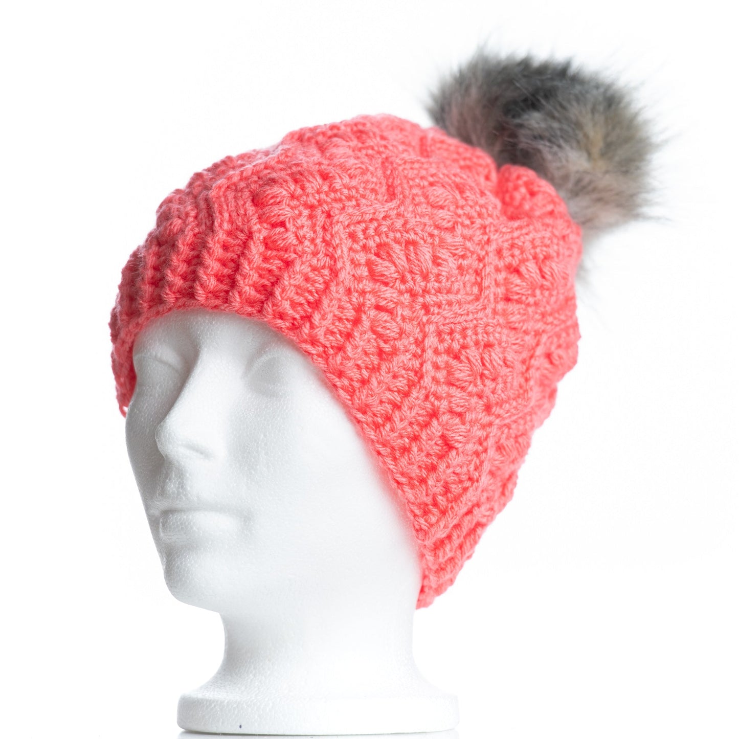 Faux Fur Pom Pom Toque in Pink Grapefruit with Smoke Pom