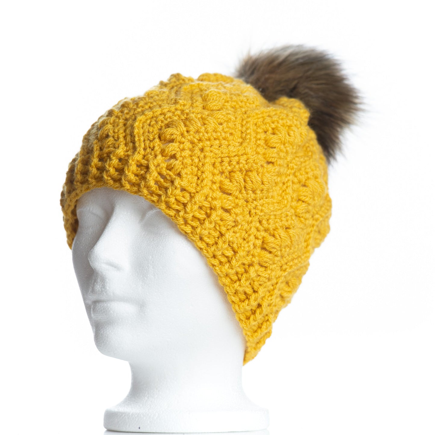 Faux Fur Pom Pom Toque in Mustard with Brown Pom