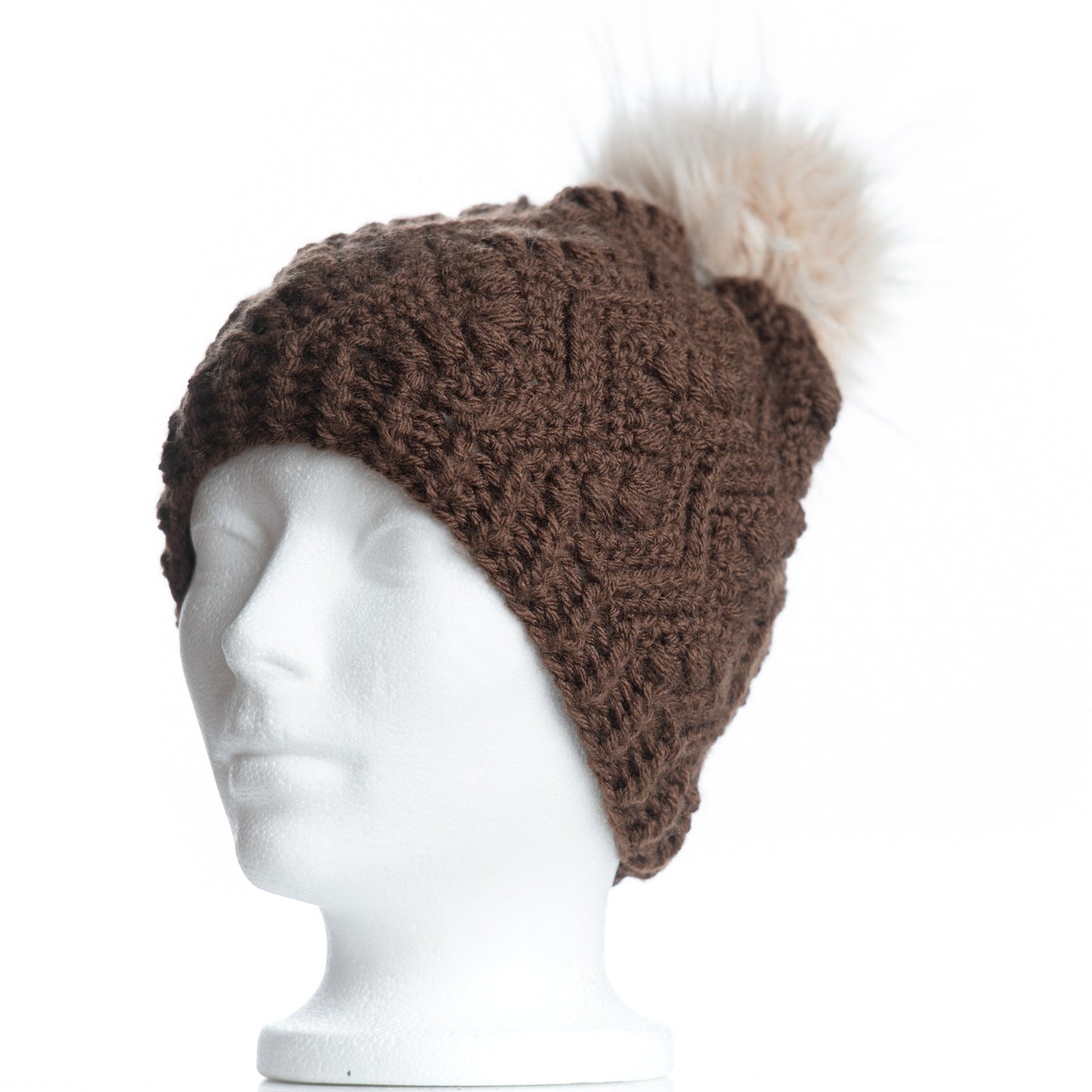 Faux Fur Pom Pom Toque in Chocolate with Taupe Pom