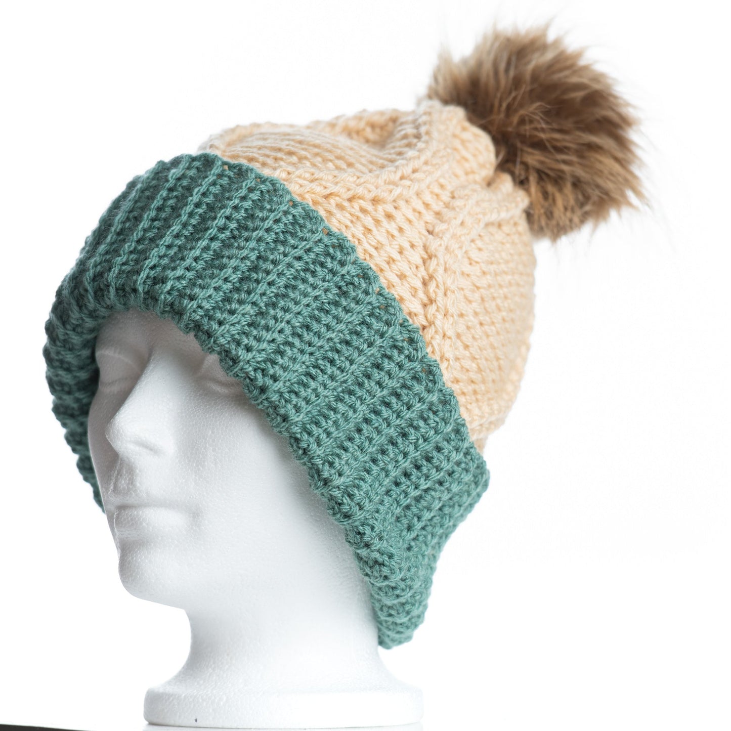 Beige with Sage & Caramel Pom