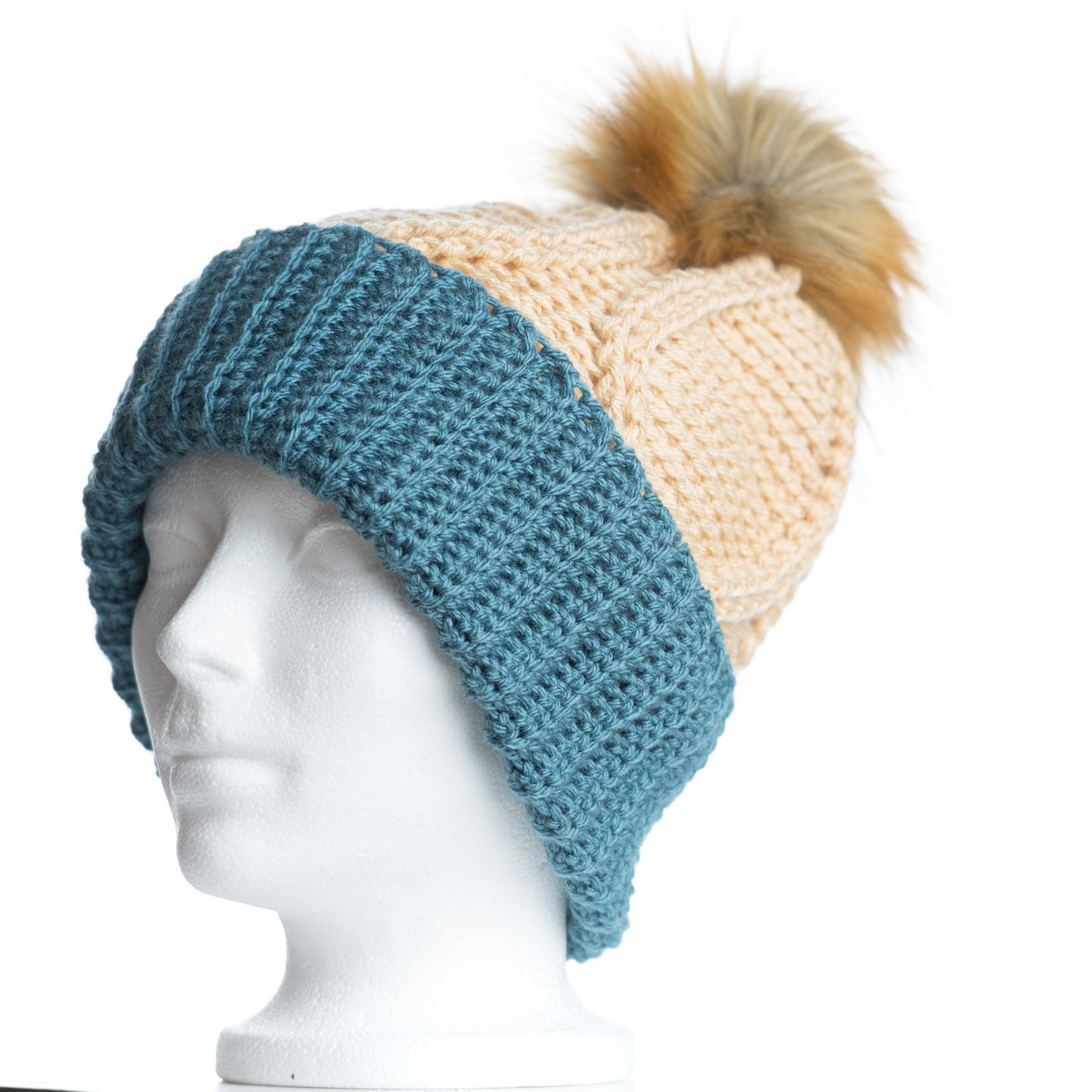 Beige with Dusty Blue & Fox Pom