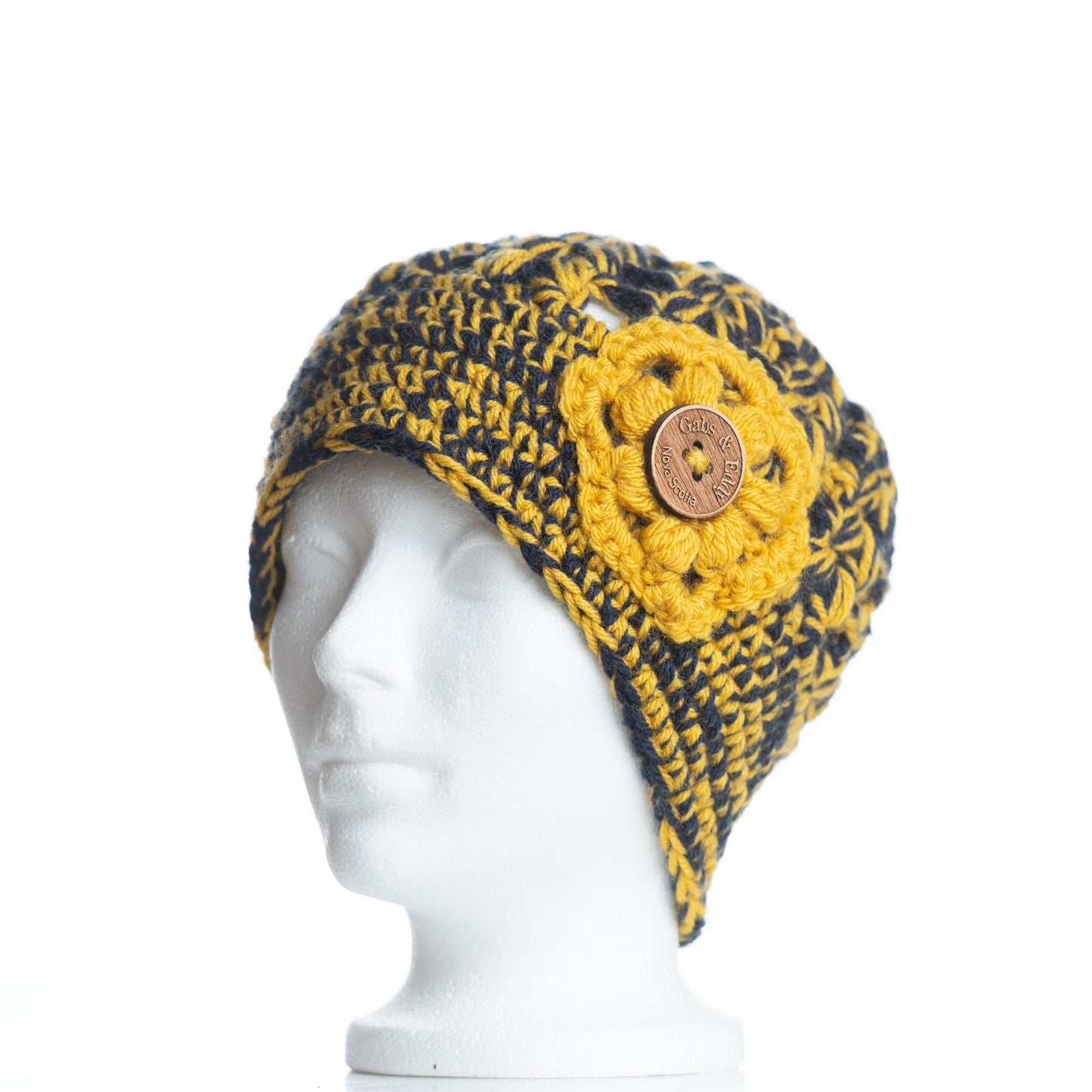Tortoise Shell Beanie in Navy & Mustard with Mustard Flower