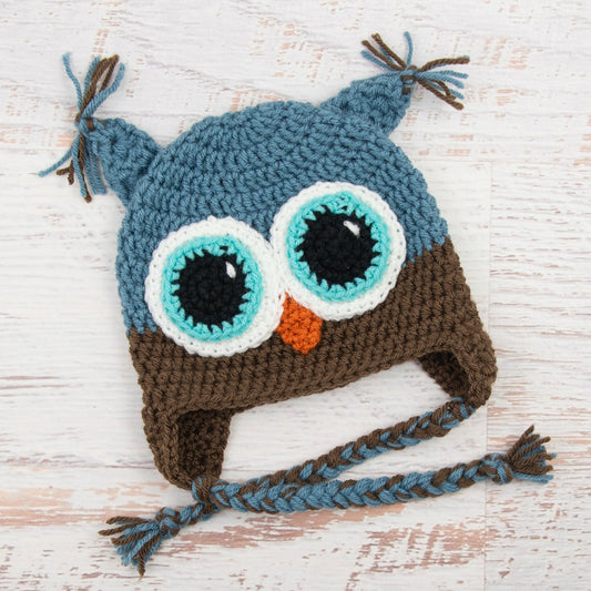 In-Stock 1-3 Year Owl in Dusty Blue with Chocolate with Aqua Marine Eye