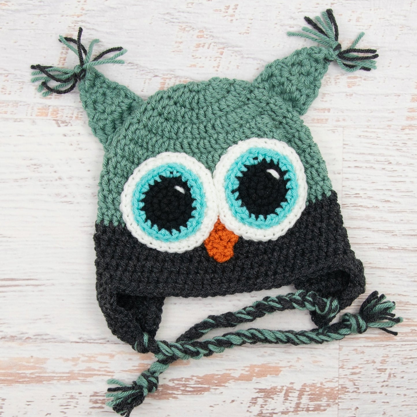 In-Stock 1-3 Year Owl in Sage with Dark Grey Heather and Aqua Marine Eyes