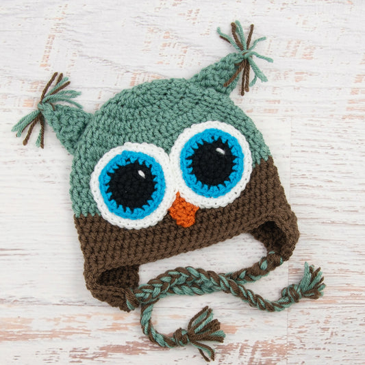 In-Stock 1-3 Year Owl in Sage with Chocolate and Aqua Eyes