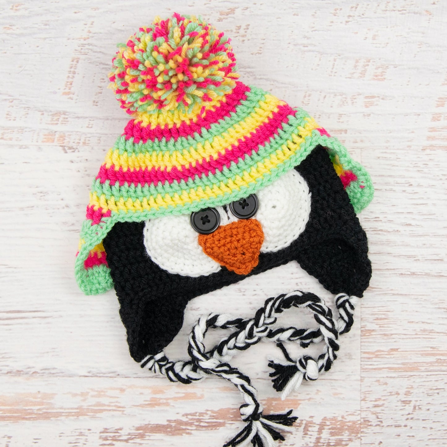 In-Stock 1-3 Year Penguin Hat in Rose Shocking, Lemon & Mint
