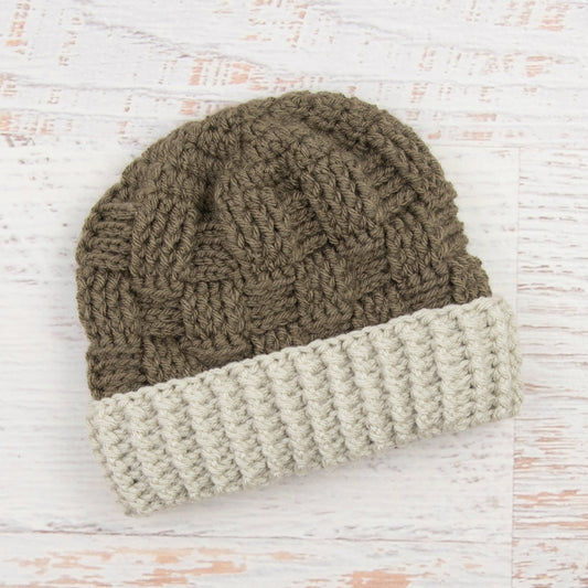 In-Stock 1-3 Year Ribbed Waffle Beanie in Taupe with Linen