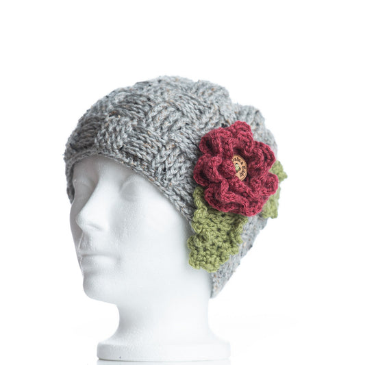 Grey Marble Waffle Beanie with 3 Interchangeable Flowers
