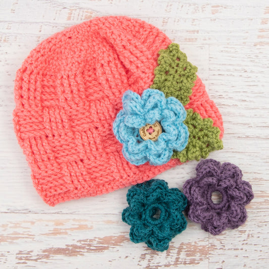 In-Stock 5-10 Year Waffle Beanie in Pink Grapefruit with 3 Interchangeable Flowers