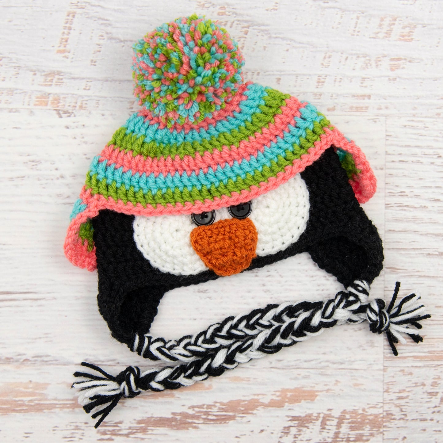 In-Stock 6-12 Month Penguin Hat in Aqua Marine, Fern and Pink Grapefruit