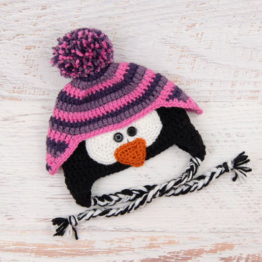 In-Stock 6-12 Month Penguin Hat in Pink Poodle, Dusty Purple and Purple