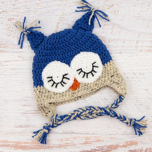 In-Stock 6-12 Month Sleepy Owl in Colonial Blue with Oatmeal