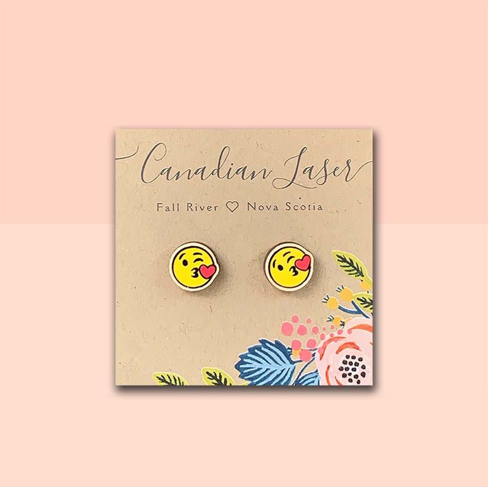 Hand Painted Wooden Studs - Holiday - Valentine - Emoji Blowing Kisses