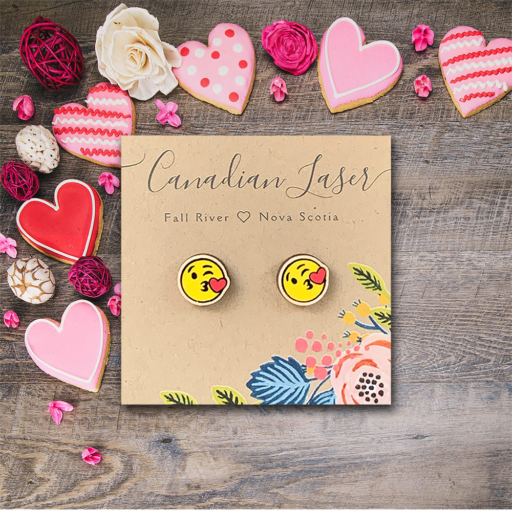 Hand Painted Wooden Studs - Holiday - Valentine - Emoji Blowing Kisses