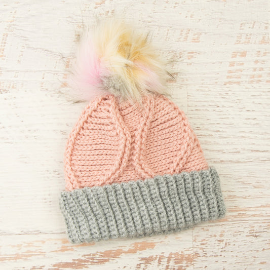 In-Stock 3-10 Year Gabby Girl Toque in Pink with Silver Heather and Neapolitan Faux Fur Pom