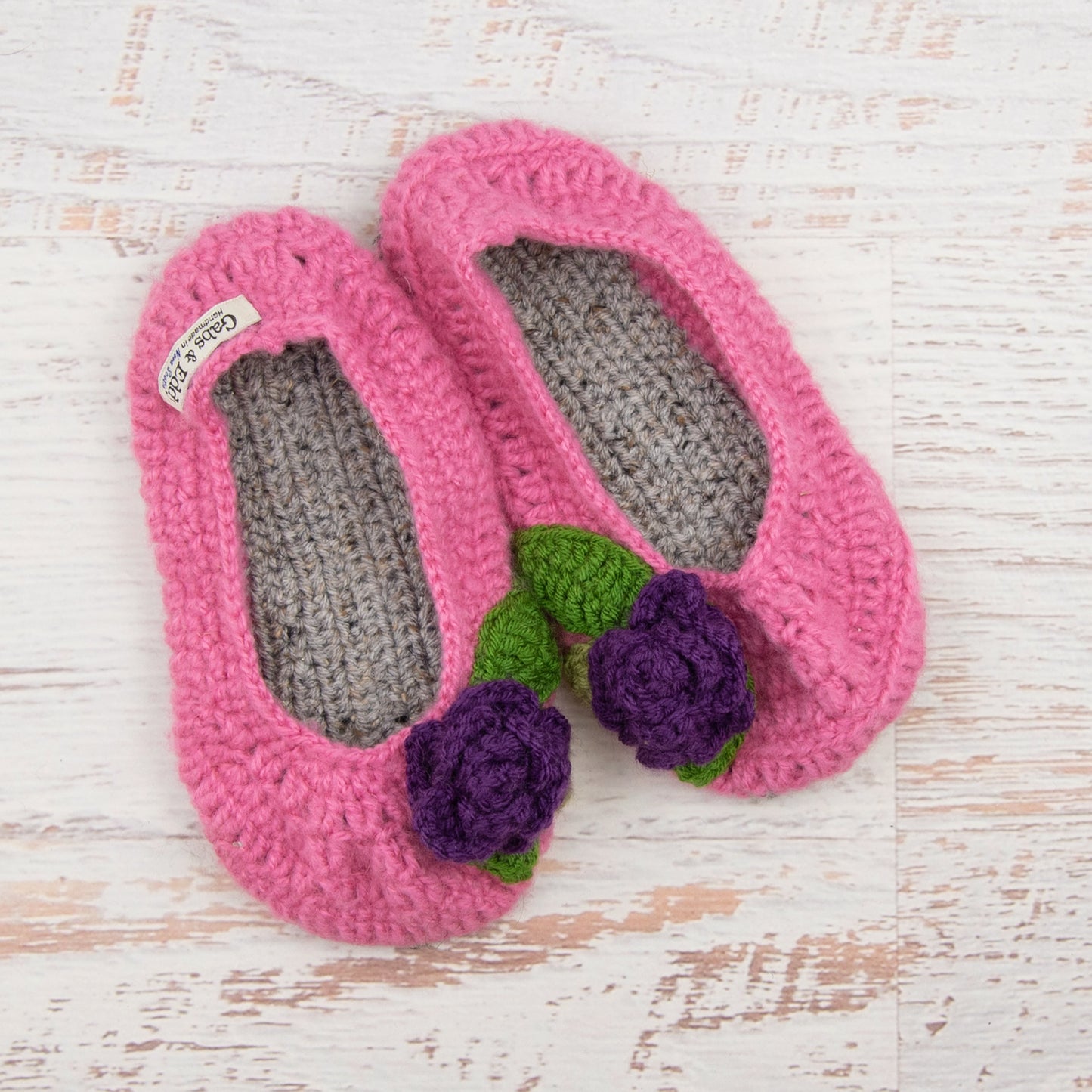 Ladies Size 7/8 Ballet Slippers in Pink Poodle with Grey Marble and Eggplant Roses