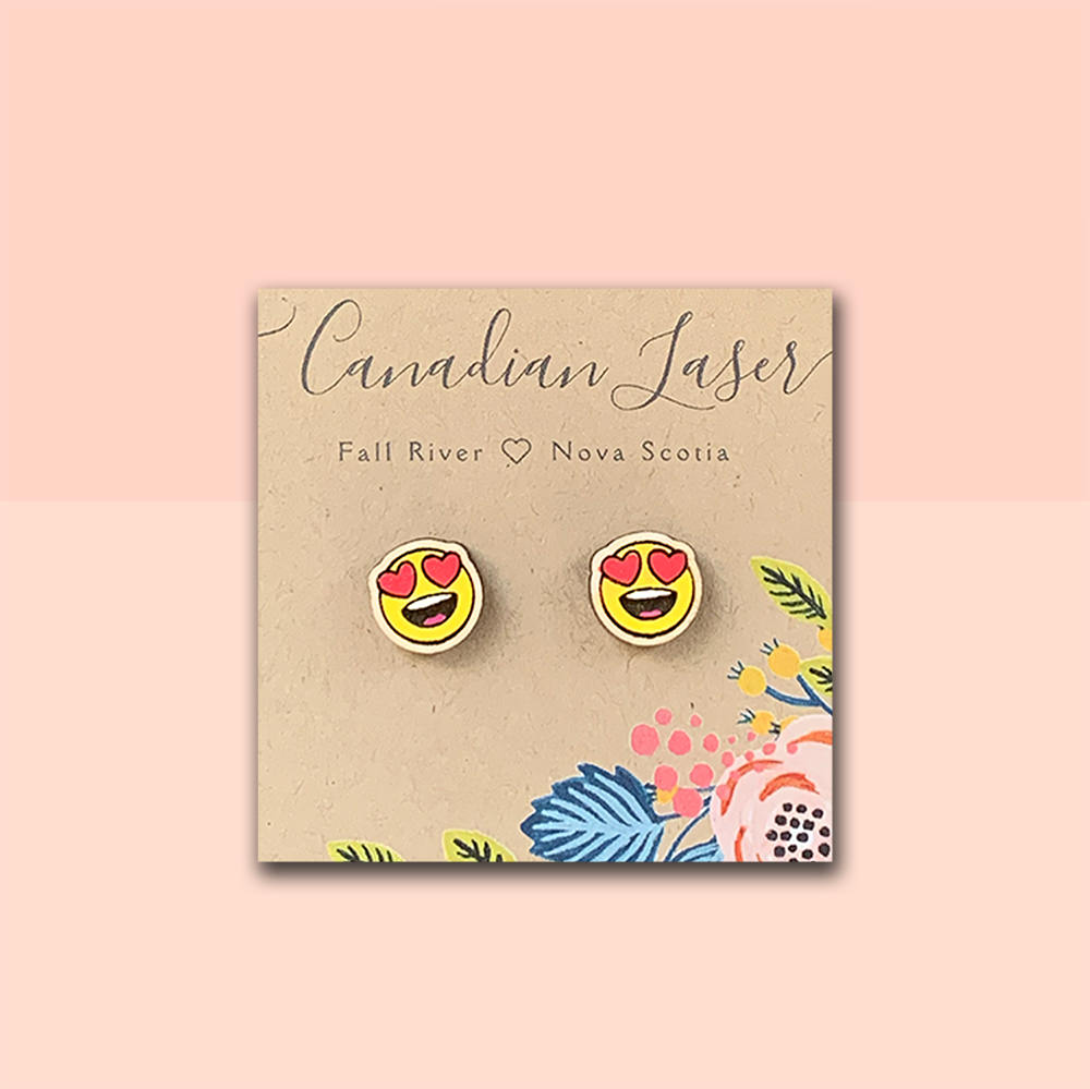 Hand Painted Wooden Studs - Holiday - Valentine - Emoji Heart Eyes