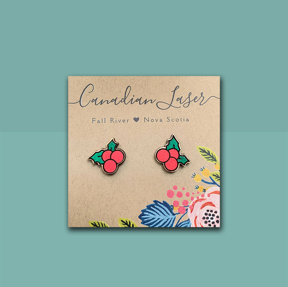 Hand Painted Wooden Studs - Holiday - Christmas - Holly
