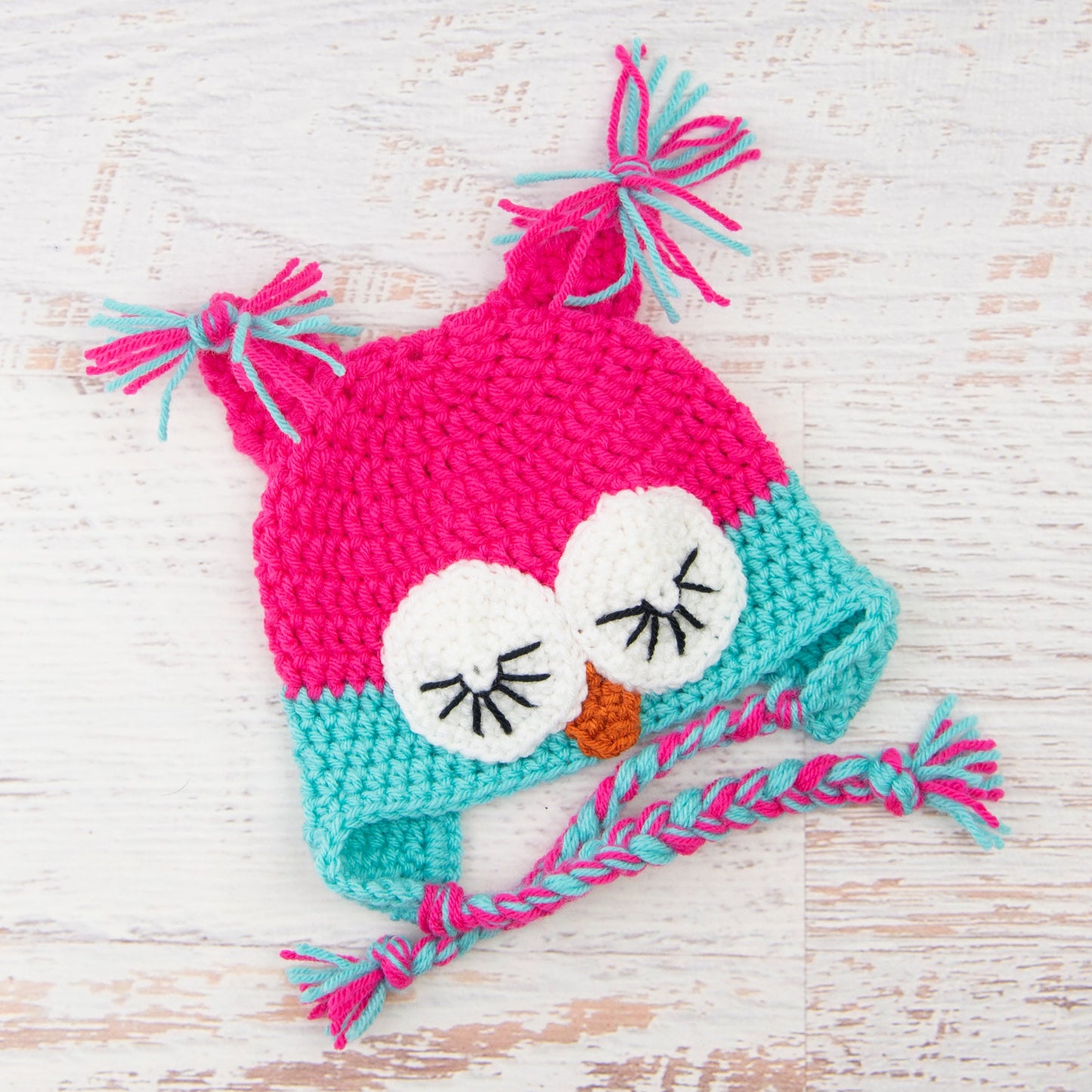 In-Stock 6-12 Month Sleepy Owl in Rose Shocking and Aqua Marine