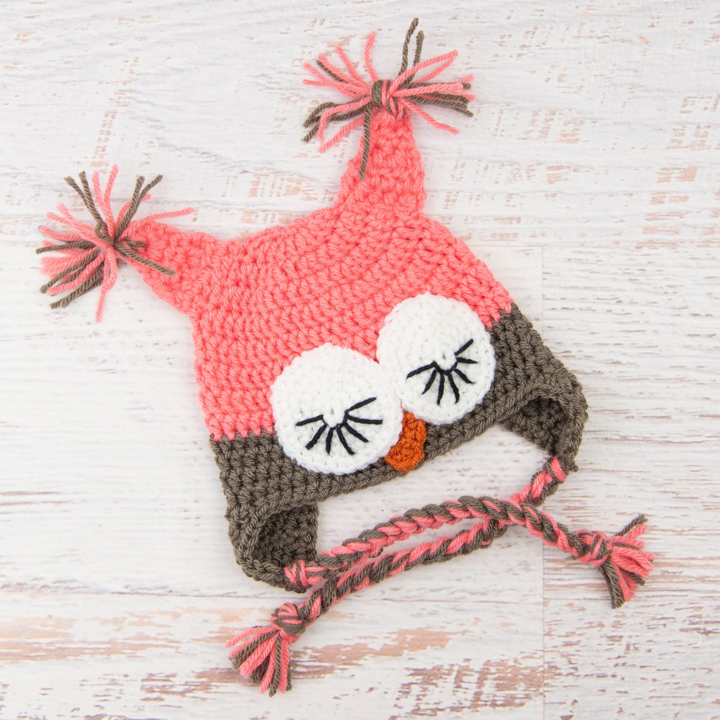 In-Stock 6-12 Month Sleepy Owl in Pink Grapefruit with Taupe