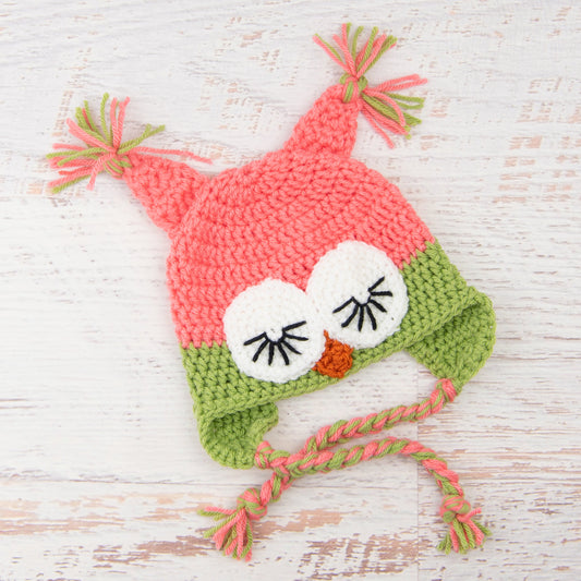 In-Stock 6-12 Month Sleepy Owl in Pink Grapefruit with Dusty Green