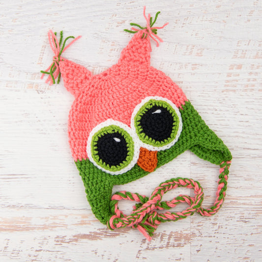 In-Stock 1-3 Year Owl in Pink Grapefruit and Kelly Green with Fern Eyes