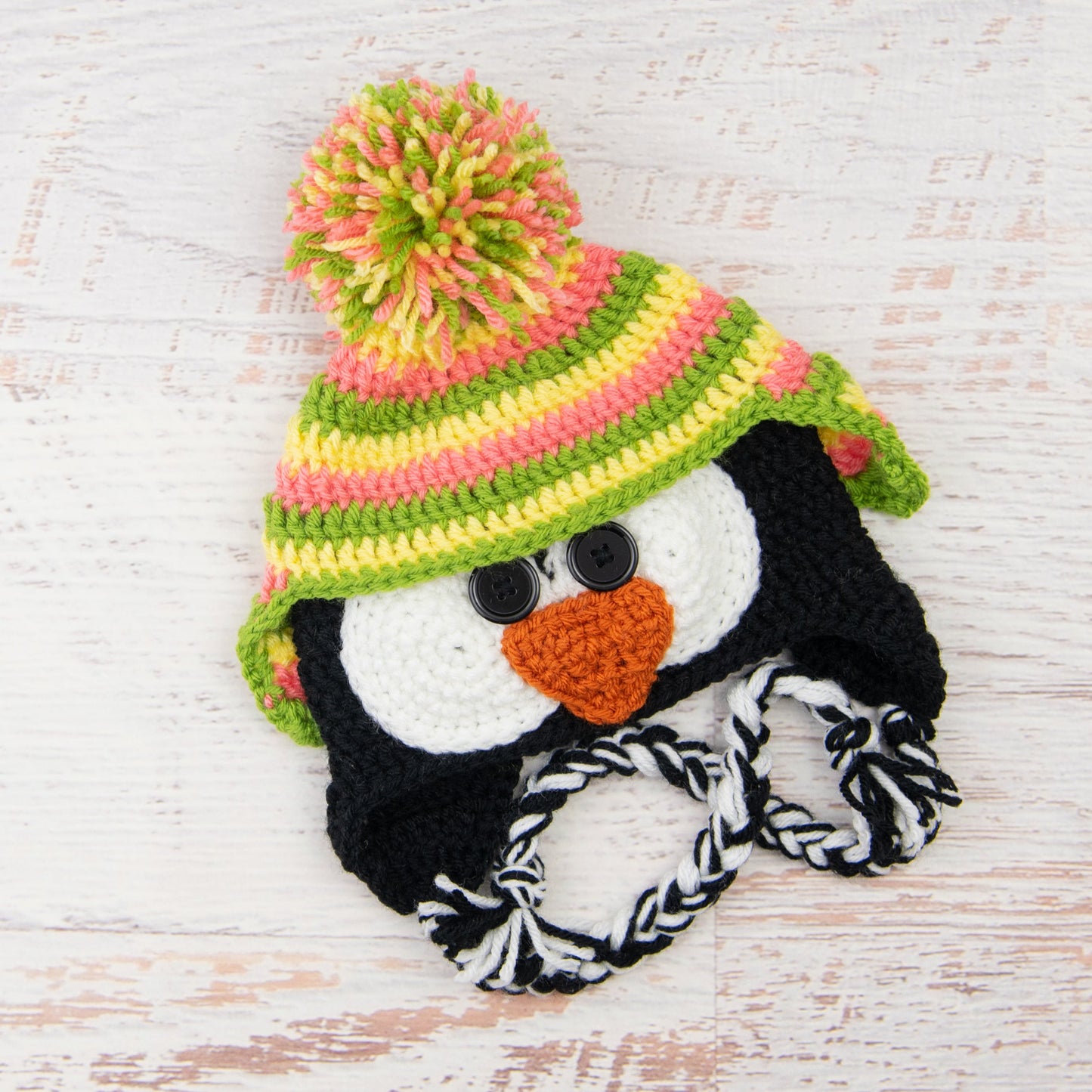 In-Stock 1-3 Year Penguin Hat in Pink Grapefruit, Lemon & Fern