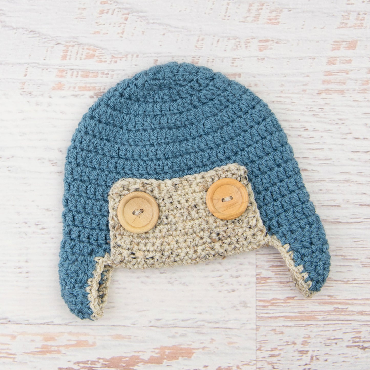In-Stock 6-12 Month Aviator Hat in Dusty Blue with Oatmeal