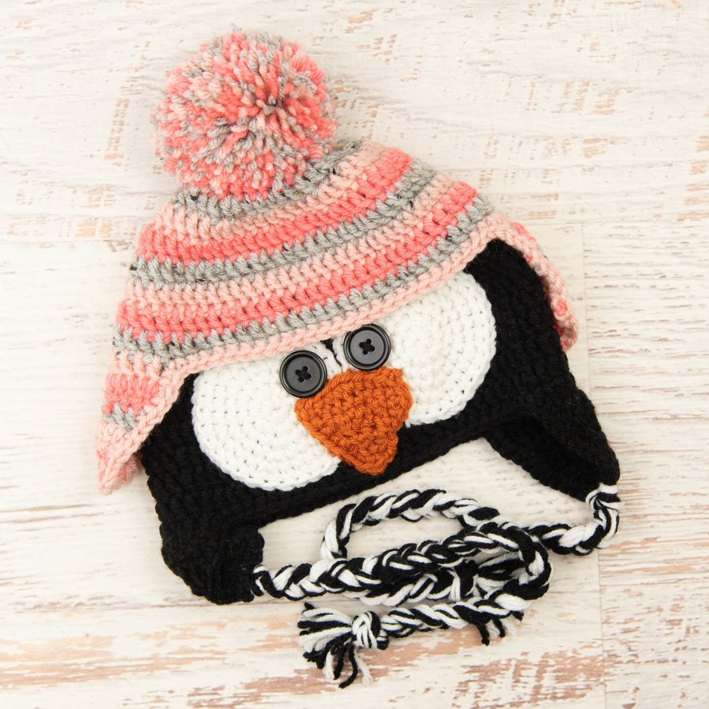 In-Stock 3-10 Year Penguin Hat in Pink Grapefruit, Grey Marble and Pink