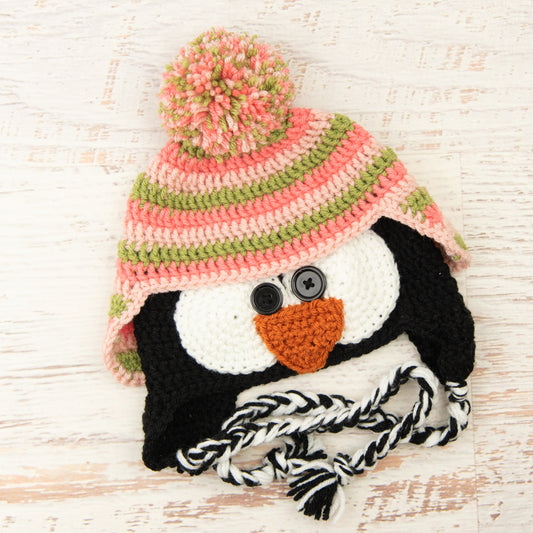 In-Stock 1-3 Year Penguin Hat in Pink Grapefruit, Dusty Green and Pink Ko