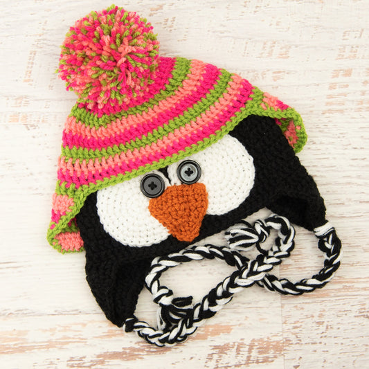 In-Stock 3-10 Year Penguin Hat in Pink Grapefruit, Rose Shocking and Fern